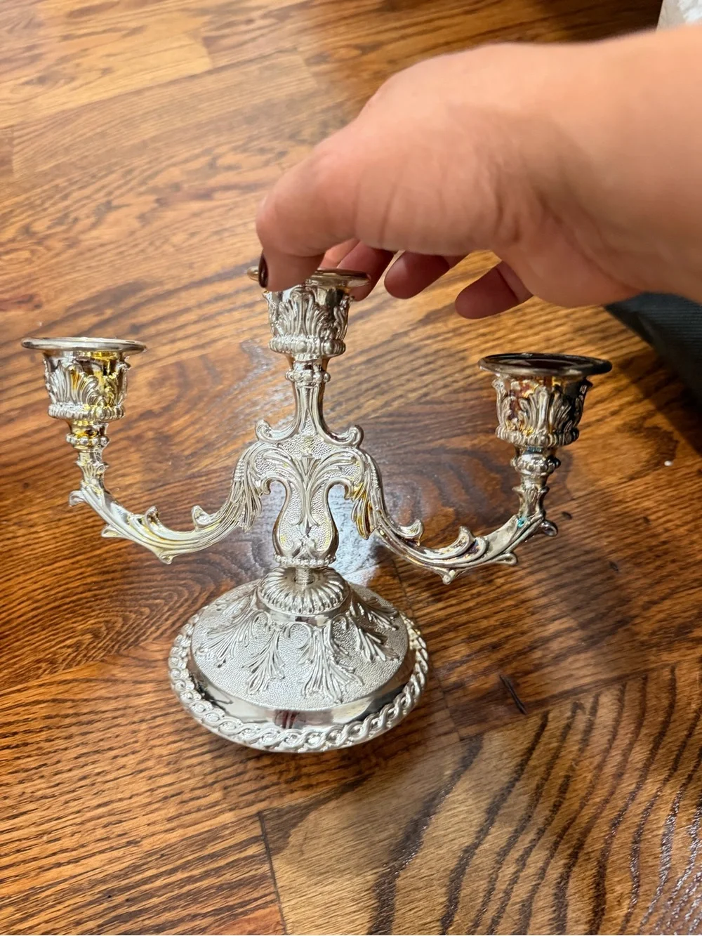 Ornate Silver Three-Arm Candelabra - Elegant Home Accent